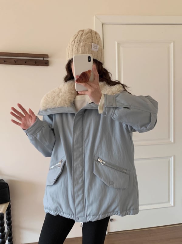 Γυναικείο μπουφάν σε κορεατικό στυλ, χοντρό με κουκούλα, γέμισμα από μετάξι και βαμβάκι, φερμουάρ μπροστά, μεσαίο μήκος, ύφασμα πολυεστέρα