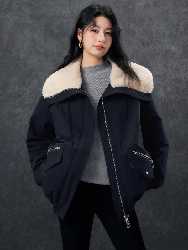 Γυναικείο μπουφάν σε κορεατικό στυλ, χοντρό με κουκούλα, γέμισμα από μετάξι και βαμβάκι, φερμουάρ μπροστά, μεσαίο μήκος, ύφασμα πολυεστέρα