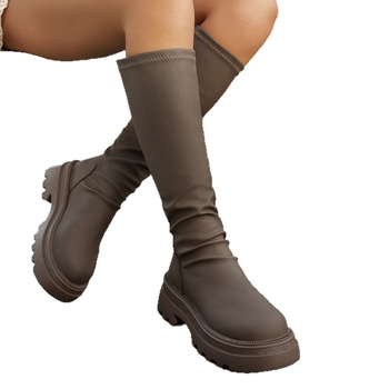 Moterų žirginių batų su stora padu iki kelių, PU viršus, gumos padas, šoninis užtrauktukas, vidutinio aukščio kulnas 3–5 cm, 2025 rudens-žiemos kolekcija