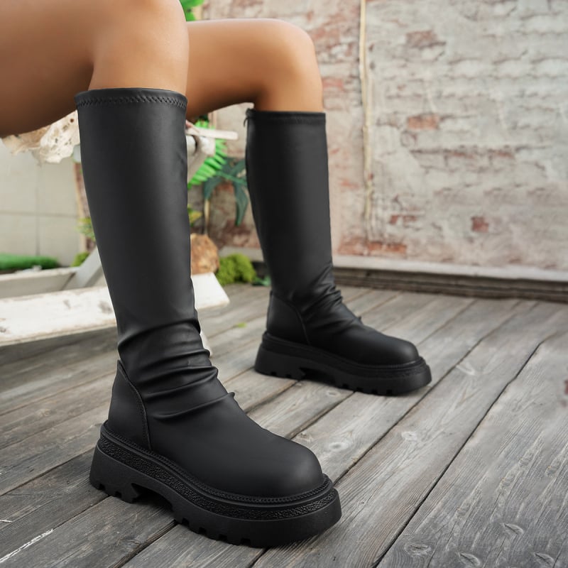 Moterų žirginių batų su stora padu iki kelių, PU viršus, gumos padas, šoninis užtrauktukas, vidutinio aukščio kulnas 3–5 cm, 2025 rudens-žiemos kolekcija