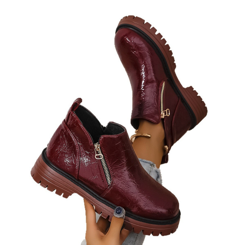 Moteriški Martins batai, apvali nosis, stora kuln, šoninis užtrauktukas, PU viršus, Euro–Amerikos stiliaus, kulno aukštis 3–5 cm