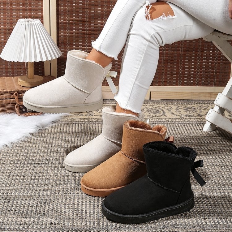 Sieviešu sniega zābaki ar Bowknot, nubuka augšdaļa, gumijas zole, mākslīgā kažokāde iekšpusē, slip-on, ziemas stils