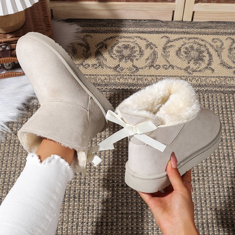 Moteriški sniego botai su Bowknot, nubuko viršus, guminė pada, dirbtinis kailis įdėklas, slip-on, žiemos stilius