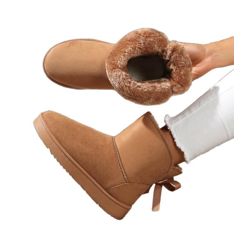 Moteriški sniego botai su Bowknot, nubuko viršus, guminė pada, dirbtinis kailis įdėklas, slip-on, žiemos stilius