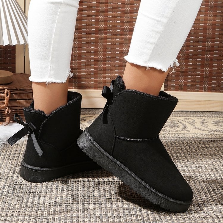 Moteriški sniego botai su Bowknot, nubuko viršus, guminė pada, dirbtinis kailis įdėklas, slip-on, žiemos stilius