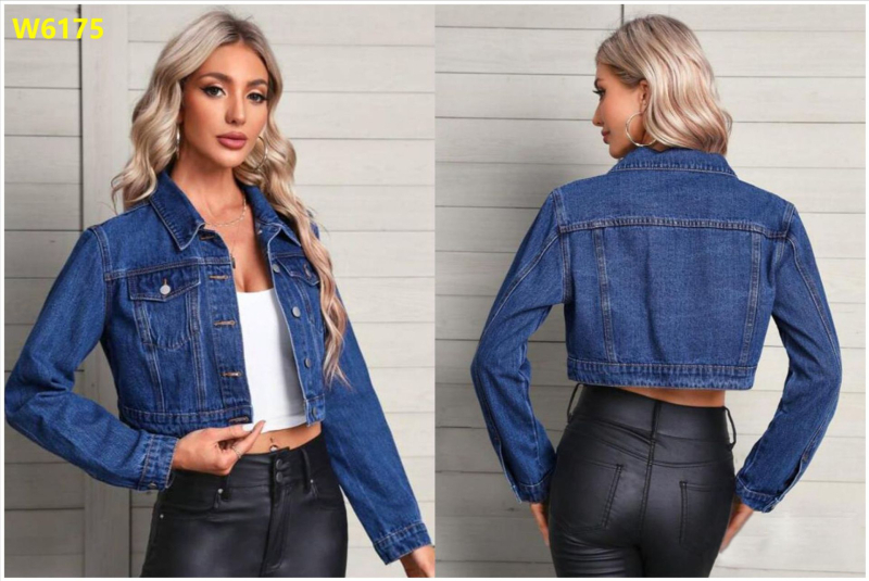 Džinsinė striukė su ilgomis rankovėmis, medvilnė 50-70% / poliesteris <30%, trumpas ilgis 40-50 cm, 2025 m. ruduo, prekės kodas W6195