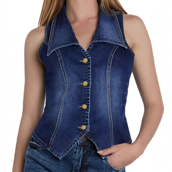 Džinsinė striukė be rankovių, euro-amerikietiško stiliaus, liemens įtvirtinimas, turn-down apykaklė, džinso audinys (80-90% medvilnė, 30% poliesterio ar mažiau)