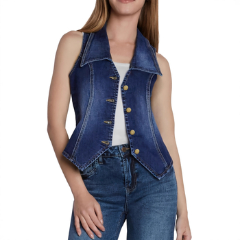 Τζιν τζάκετ χωρίς μανίκια, ευρω-αμερικανικού στυλ, σφιχτή μέση, γιακά turn-down, ύφασμα τζιν (80-90% βαμβάκι, πολυεστέρας 30% ή λιγότερο)