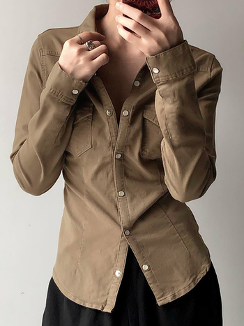Μπλούζα με μακριά μανίκια, στυλ Ευρώπη-Αμερική, Turn-Down γιακά, μπροστινή μονή κουμπότρυπα, ύφασμα 95% πολυεστέρα