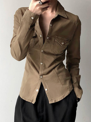 Μπλούζα με μακριά μανίκια, στυλ Ευρώπη-Αμερική, Turn-Down γιακά, μπροστινή μονή κουμπότρυπα, ύφασμα 95% πολυεστέρα