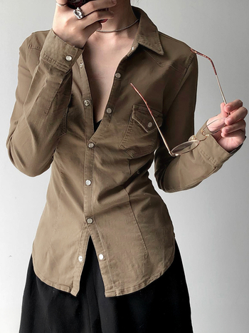 Μπλούζα με μακριά μανίκια, στυλ Ευρώπη-Αμερική, Turn-Down γιακά, μπροστινή μονή κουμπότρυπα, ύφασμα 95% πολυεστέρα