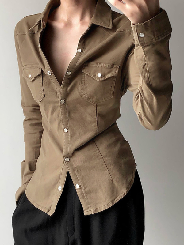 Μπλούζα με μακριά μανίκια, στυλ Ευρώπη-Αμερική, Turn-Down γιακά, μπροστινή μονή κουμπότρυπα, ύφασμα 95% πολυεστέρα