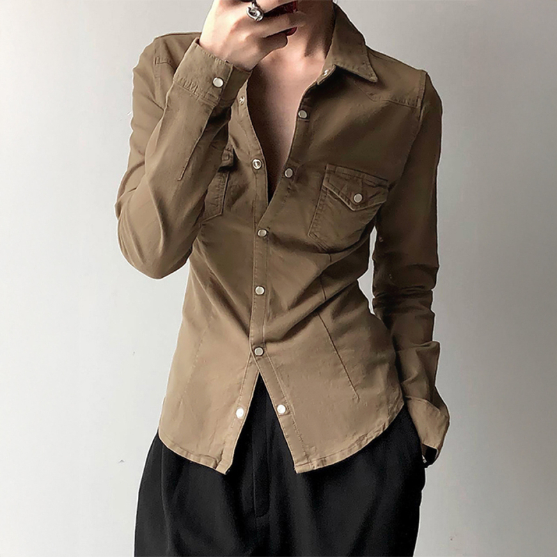 Μπλούζα με μακριά μανίκια, στυλ Ευρώπη-Αμερική, Turn-Down γιακά, μπροστινή μονή κουμπότρυπα, ύφασμα 95% πολυεστέρα