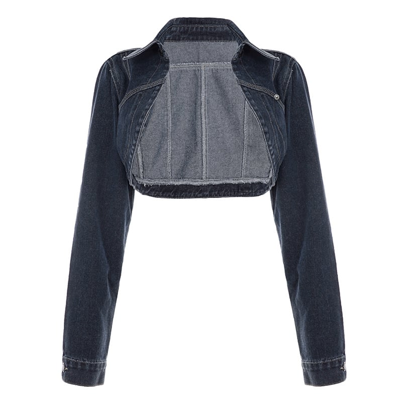 Τζιν μπουφάν με ακανόνιστο τελείωμα, στάσιμος γιακάς, μακριά μανίκια, κοντή γραμμή