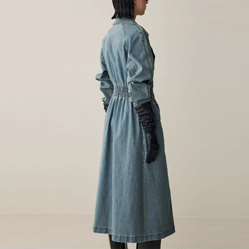 Baojin Vintage μακρύ τζιν παλτό γυναικών με λεπτομέρεια patchwork, στρογγυλός λαιμός, τρία κουμπιά σε σειρά, μονόχρωμο ύφασμα, 95%+ πολυεστέρας