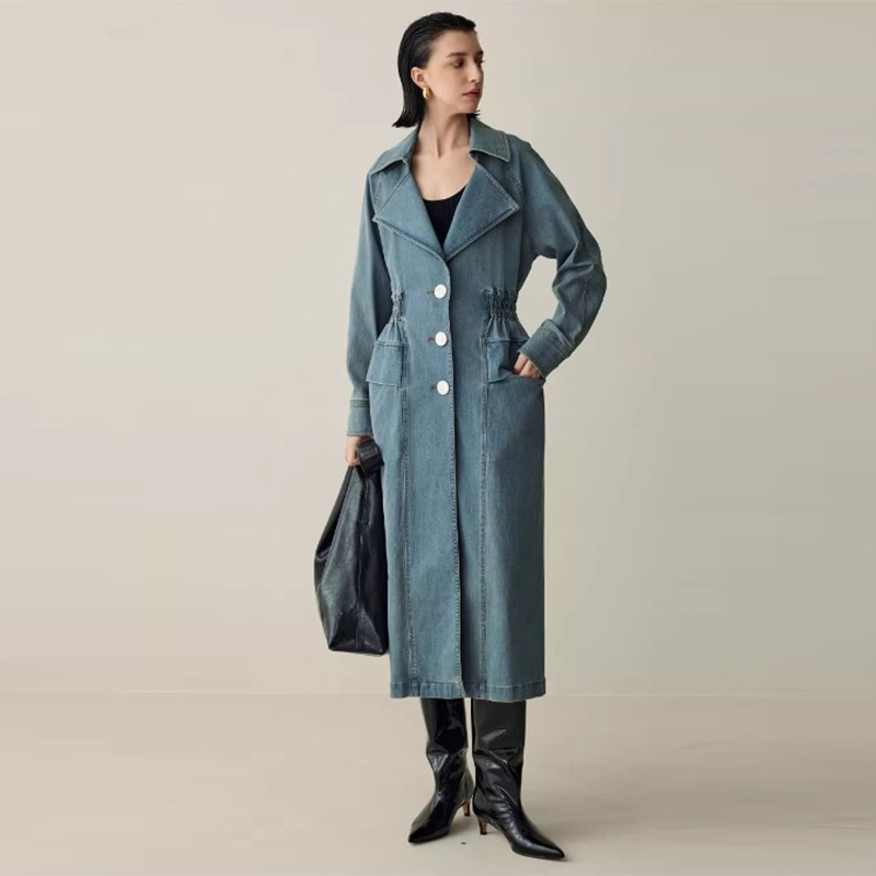 Baojin Vintage garš džinsa jaka sievietēm ar patchwork detaļu, apļa kakla izgriezums, trīs pogu vienkrāsaina aizdare, vienkrāsains audums, 95%+ poliester