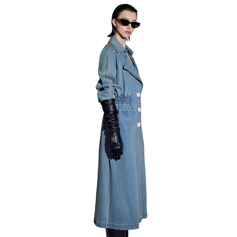 Baojin Vintage garš džinsa jaka sievietēm ar patchwork detaļu, apļa kakla izgriezums, trīs pogu vienkrāsaina aizdare, vienkrāsains audums, 95%+ poliester