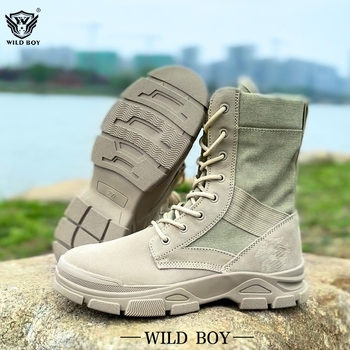 Μπουτίνια εξωτερικού χώρου σε στρατιωτικό στυλ για ενήλικες, unisex, επάνω μέρος από πρώτο στρώμα βοείου δέρματος με ύφασμα, αντιολισθητική τακτική σόλα, πάτος από αφρό ποπκορν, κατάλληλα για πεζοπορία, κατασκήνωση και ακραίες προκλήσεις
