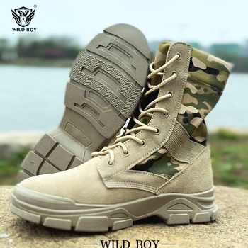 Μπουτίνια εξωτερικού χώρου σε στρατιωτικό στυλ για ενήλικες, unisex, επάνω μέρος από πρώτο στρώμα βοείου δέρματος με ύφασμα, αντιολισθητική τακτική σόλα, πάτος από αφρό ποπκορν, κατάλληλα για πεζοπορία, κατασκήνωση και ακραίες προκλήσεις