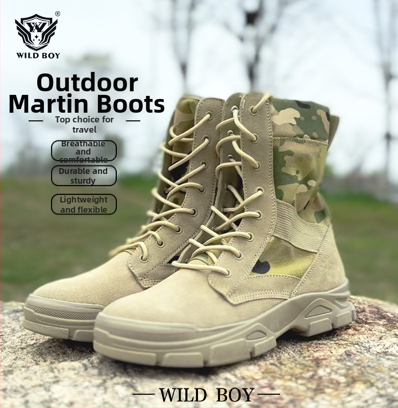 Μπουτίνια εξωτερικού χώρου σε στρατιωτικό στυλ για ενήλικες, unisex, επάνω μέρος από πρώτο στρώμα βοείου δέρματος με ύφασμα, αντιολισθητική τακτική σόλα, πάτος από αφρό ποπκορν, κατάλληλα για πεζοπορία, κατασκήνωση και ακραίες προκλήσεις