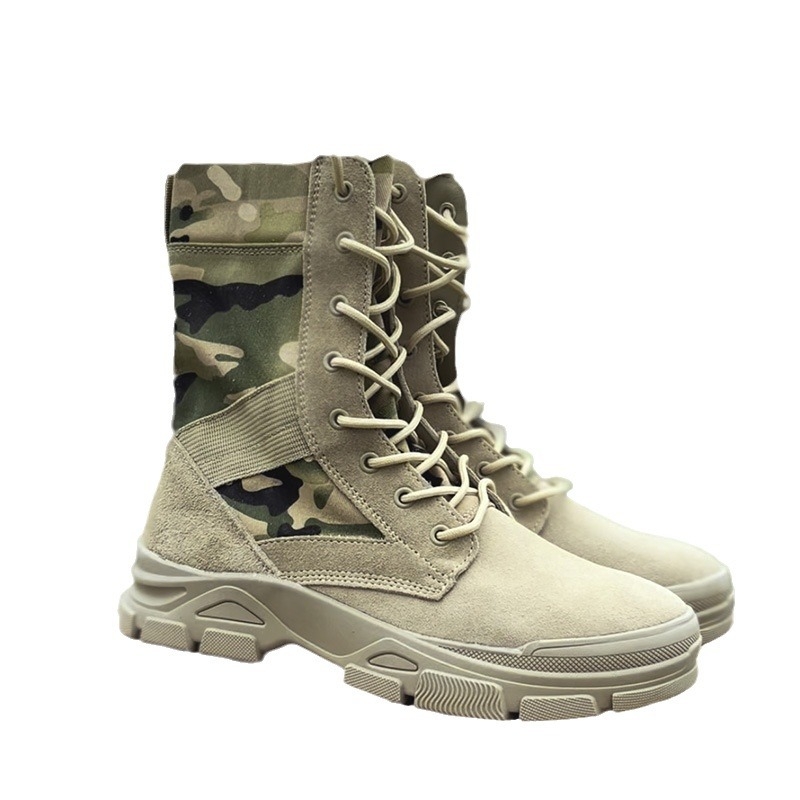 Μπουτίνια εξωτερικού χώρου σε στρατιωτικό στυλ για ενήλικες, unisex, επάνω μέρος από πρώτο στρώμα βοείου δέρματος με ύφασμα, αντιολισθητική τακτική σόλα, πάτος από αφρό ποπκορν, κατάλληλα για πεζοπορία, κατασκήνωση και ακραίες προκλήσεις