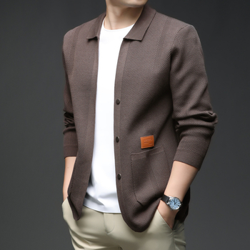 Ανδρική πλεκτή ζακέτα — στενή γραμμή, ζακάρτ ύφανση, μακριά μανίκια, μείξη βισκόζη 30%