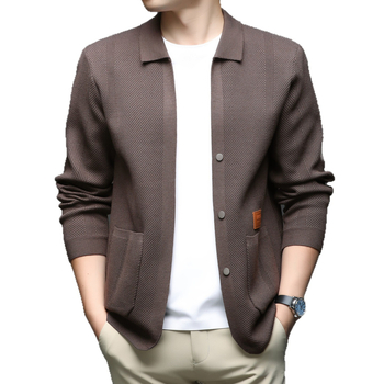 Ανδρική πλεκτή ζακέτα — στενή γραμμή, ζακάρτ ύφανση, μακριά μανίκια, μείξη βισκόζη 30%