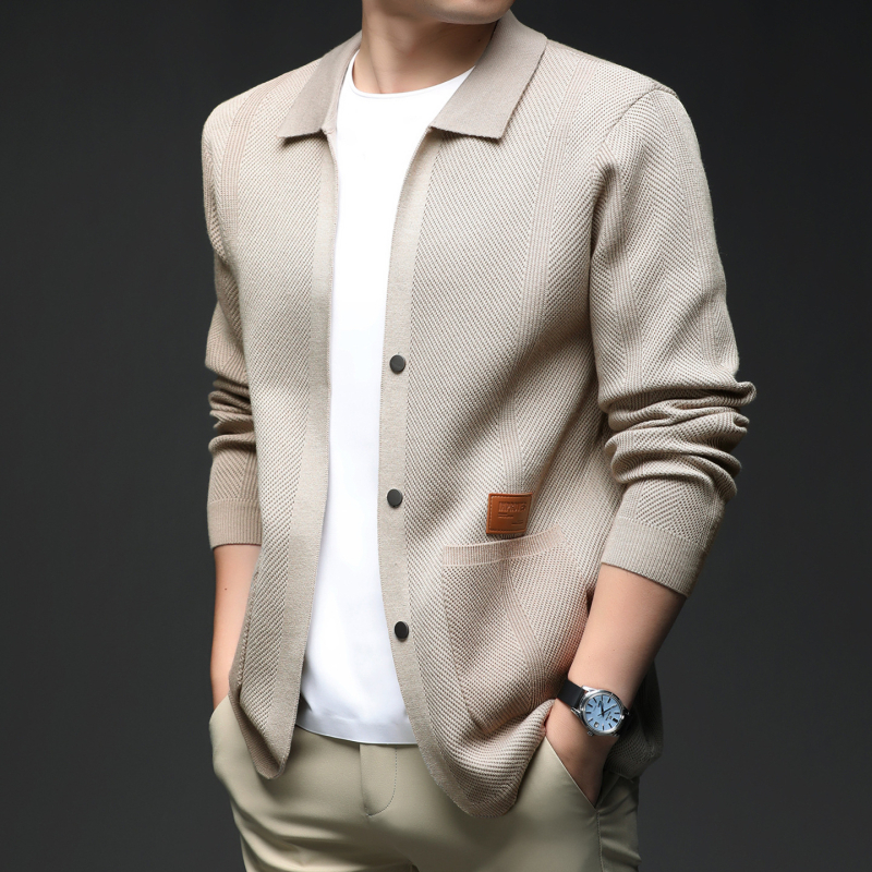 Vyrinis megztinis kardiganas — siauras kirpimas, džakardo audinys, ilgos rankovės, viskozės mišinio 30%