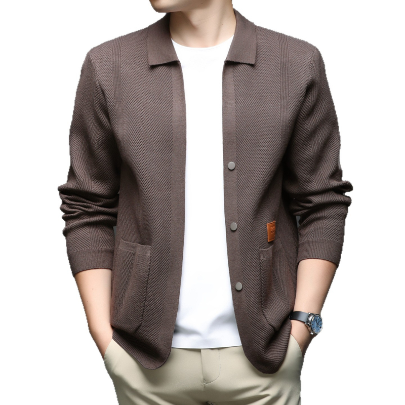 Vyrinis megztinis kardiganas — siauras kirpimas, džakardo audinys, ilgos rankovės, viskozės mišinio 30%