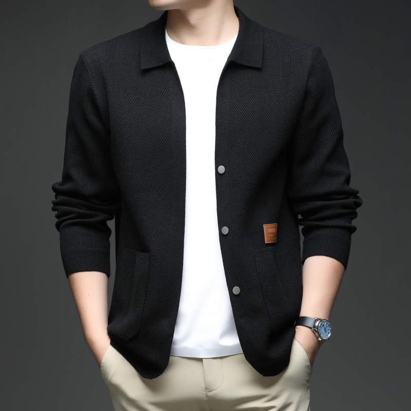 Vyrinis megztinis kardiganas — siauras kirpimas, džakardo audinys, ilgos rankovės, viskozės mišinio 30%