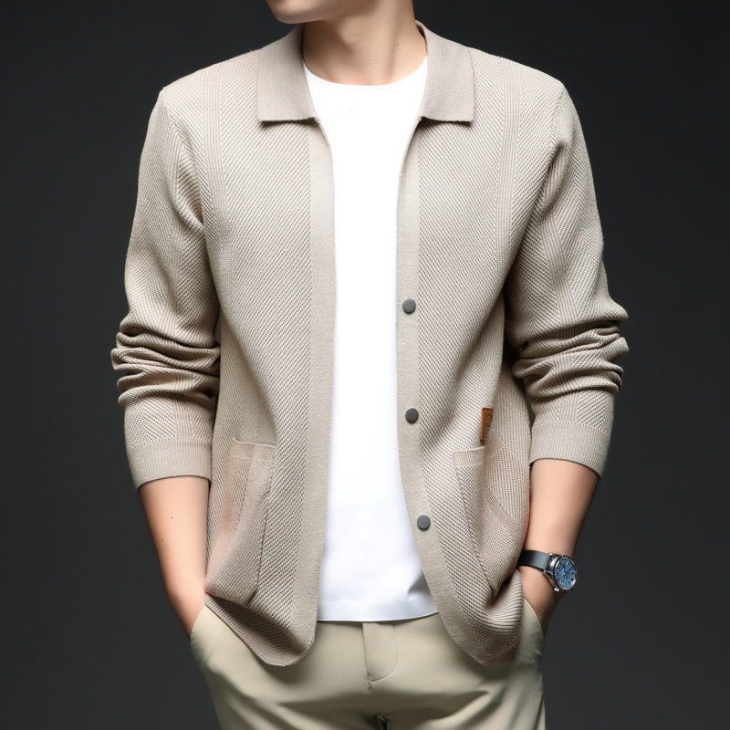 Vyrinis megztinis kardiganas — siauras kirpimas, džakardo audinys, ilgos rankovės, viskozės mišinio 30%