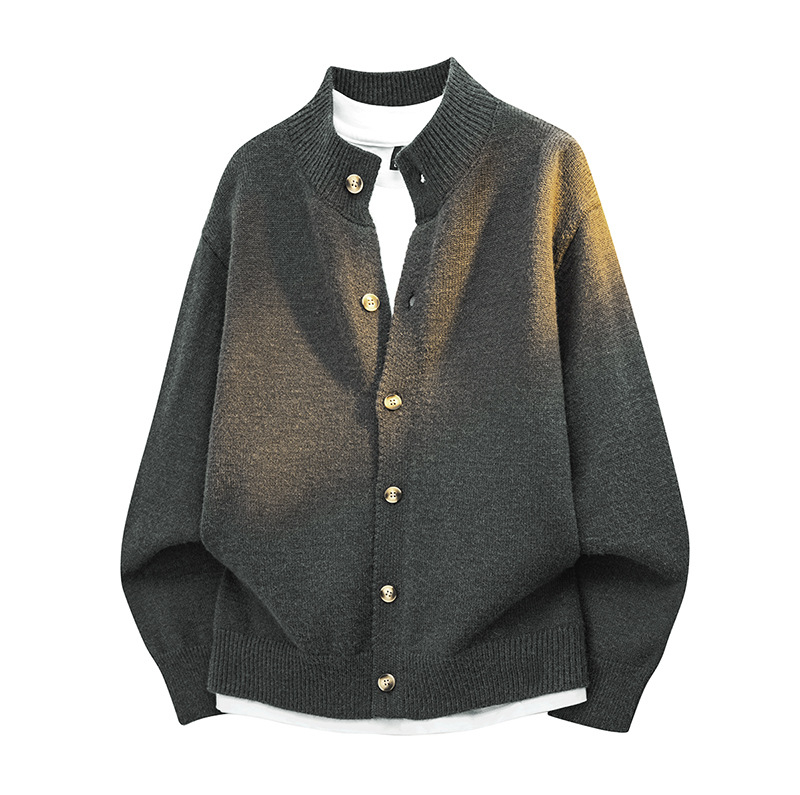 Vyrinis storas megztinis kardiganas, britiško stiliaus, pusaukštas apykaklė, ilgomis rankovėmis, mygtukinis užsegimas