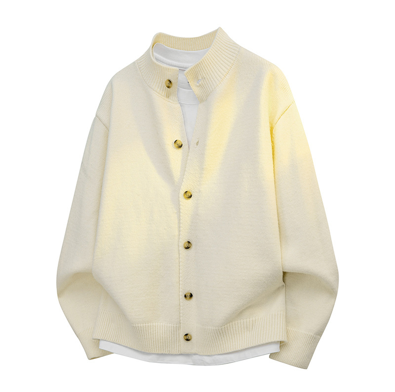 Vyrinis storas megztinis kardiganas, britiško stiliaus, pusaukštas apykaklė, ilgomis rankovėmis, mygtukinis užsegimas