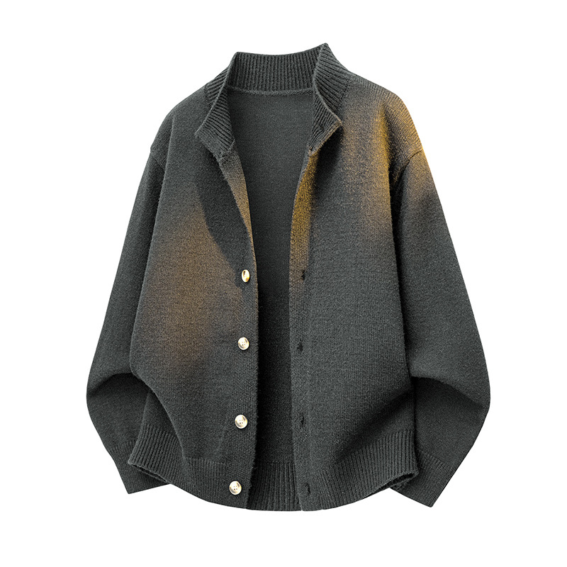 Vyrinis storas megztinis kardiganas, britiško stiliaus, pusaukštas apykaklė, ilgomis rankovėmis, mygtukinis užsegimas