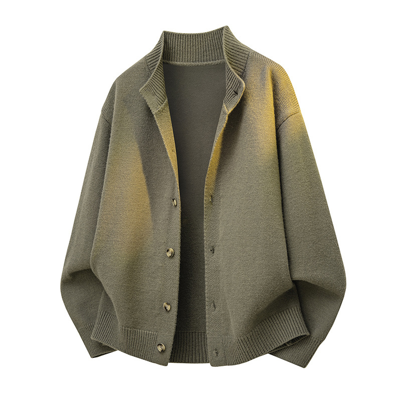 Vyrinis storas megztinis kardiganas, britiško stiliaus, pusaukštas apykaklė, ilgomis rankovėmis, mygtukinis užsegimas