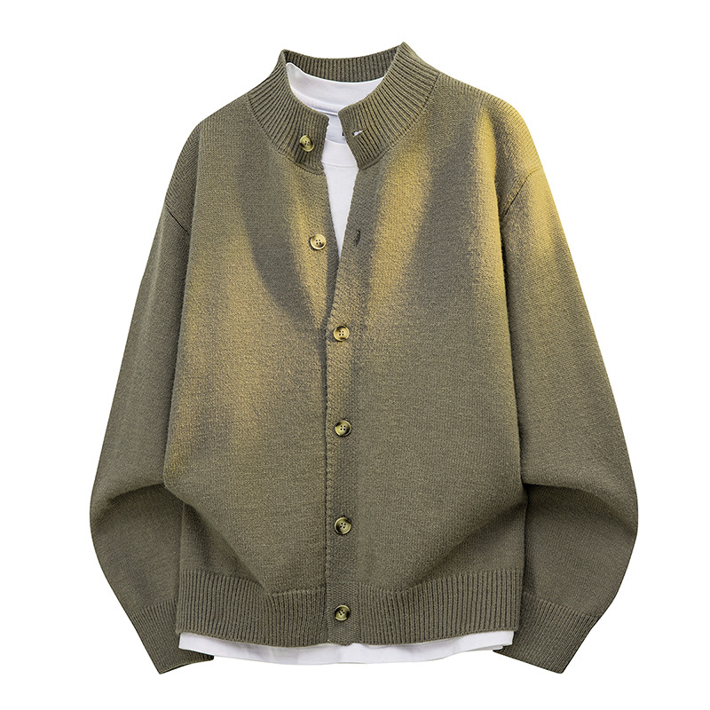 Vyrinis storas megztinis kardiganas, britiško stiliaus, pusaukštas apykaklė, ilgomis rankovėmis, mygtukinis užsegimas