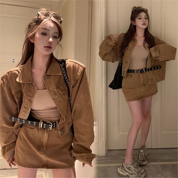 Σετ τζιν τζάκετ και κοντή φούστα | Άνοιξη 2025 | Σύνολο κορυφής, Ιδιωτικό στυλ κοινωνικής ελίτ, Κομψή αύρα, Ύφασμα κάσμιρ