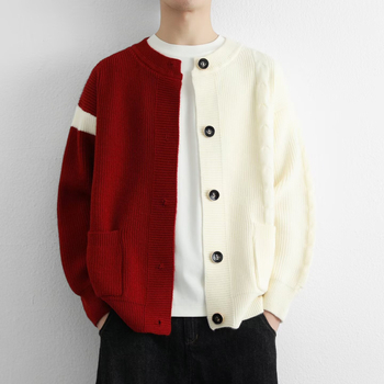 Vyrinis atviras kardiganas su stambiu mezgimu, laisvas kirpimas, spalvų blokai, ruduo 2025