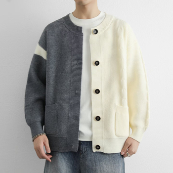 Мъжки кардиган с открита предна част, грубо плетиво, свободен силует, цветово блокиране, есен 2025