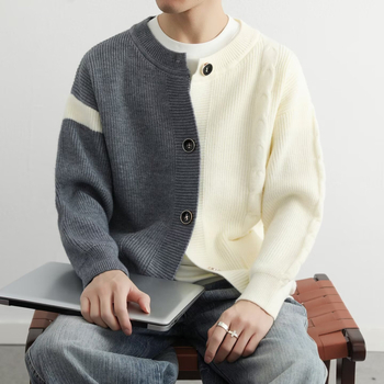 Мъжки кардиган с открита предна част, грубо плетиво, свободен силует, цветово блокиране, есен 2025