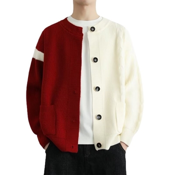 Мъжки кардиган с открита предна част, грубо плетиво, свободен силует, цветово блокиране, есен 2025