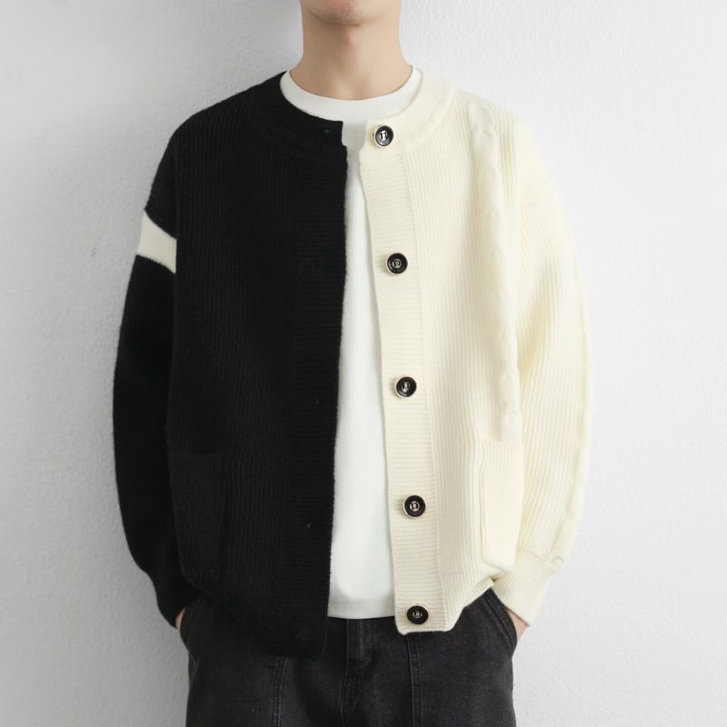 Vyrinis atviras kardiganas su stambiu mezgimu, laisvas kirpimas, spalvų blokai, ruduo 2025