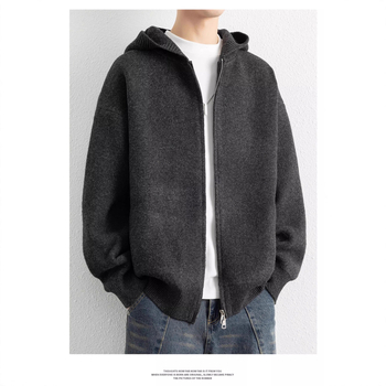 Плетен кардиган с качулка, свободен силует, дълги ръкави, измит полиестер флийс, акрилна смес