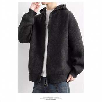 Плетен кардиган с качулка, свободен силует, дълги ръкави, измит полиестер флийс, акрилна смес