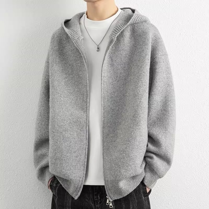 Mezginis kardiganas su gobtuvu, laisvas siluetų, ilgos rankovės, ploviamas poliesterio flisas, akrilo mišinys