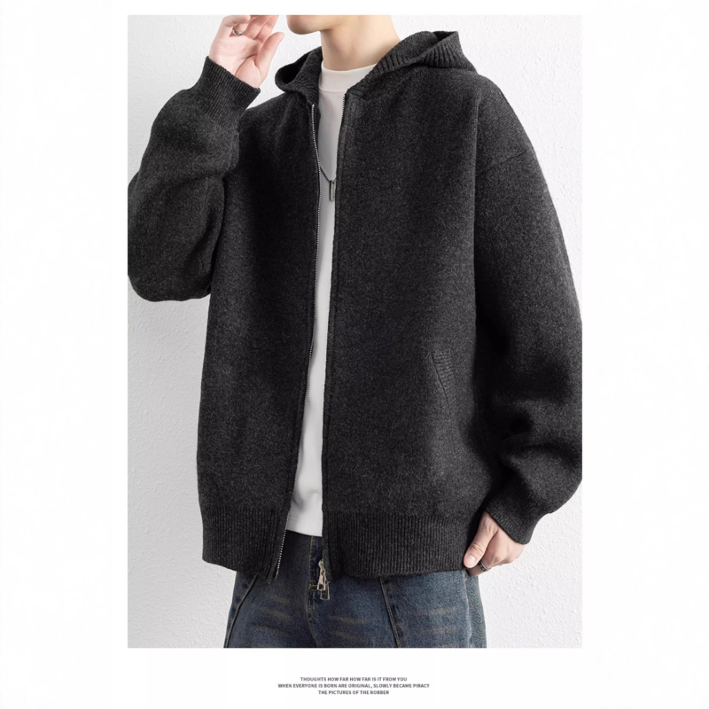 Mezginis kardiganas su gobtuvu, laisvas siluetų, ilgos rankovės, ploviamas poliesterio flisas, akrilo mišinys