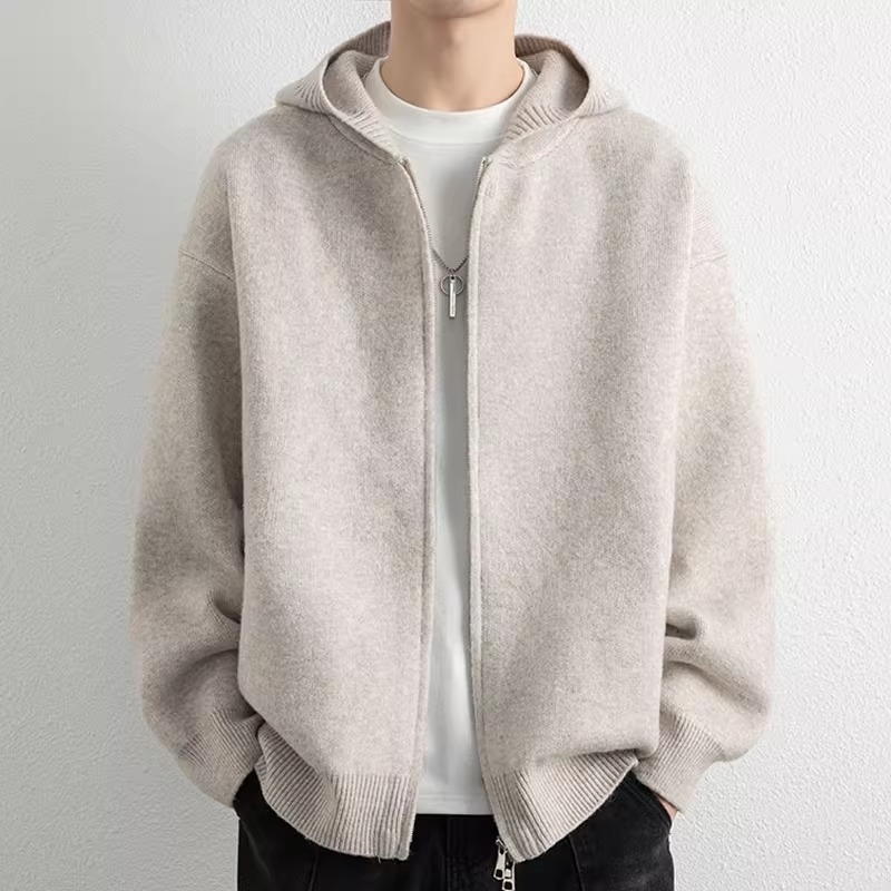 Mezginis kardiganas su gobtuvu, laisvas siluetų, ilgos rankovės, ploviamas poliesterio flisas, akrilo mišinys