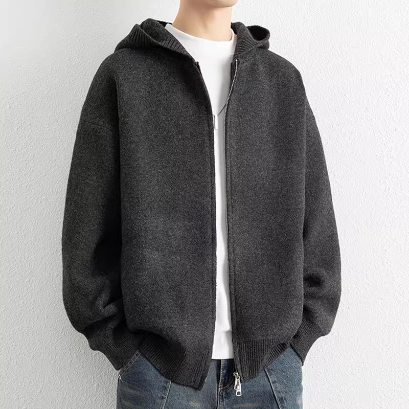 Mezginis kardiganas su gobtuvu, laisvas siluetų, ilgos rankovės, ploviamas poliesterio flisas, akrilo mišinys