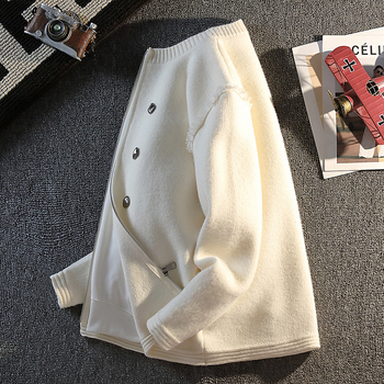 Корейски стил дебело плетен кардиган с двойни копчета, дълъг ръкав