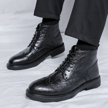 Odiniai Chelsea batai, britiško stilių, užtrauktukas, apvalus nosis, rankų darbo, brogue graviruotos detalės (Modelis 85680-R)